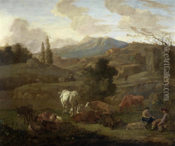 A Shepherd And Shepherdesses Grazing Their Herd Before An Italianate Landscape Oil Painting - Willem Romeyn