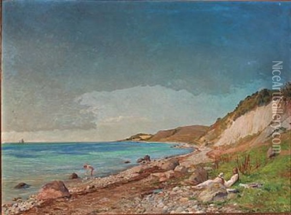Coastal Scene With Bathing Boy And Girls On The Beach Oil Painting - Gerhard Lichtenberg Blom