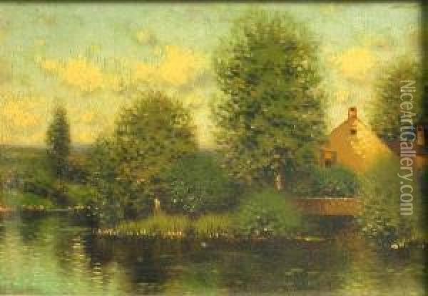 House By A Pond Oil Painting - Henry Pember Smith