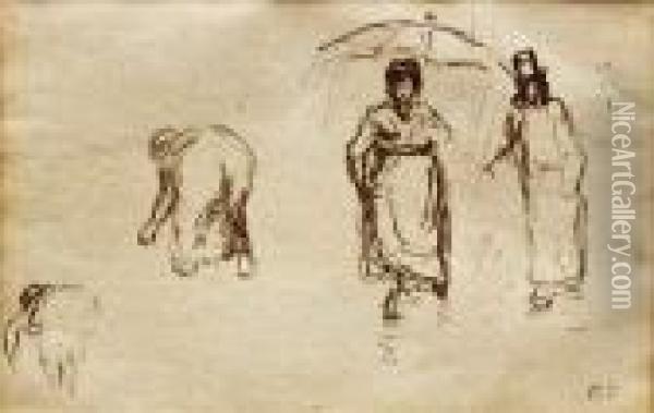 Femmes A L'ombrelle Et Etude De Canards Oil Painting - Camille Pissarro