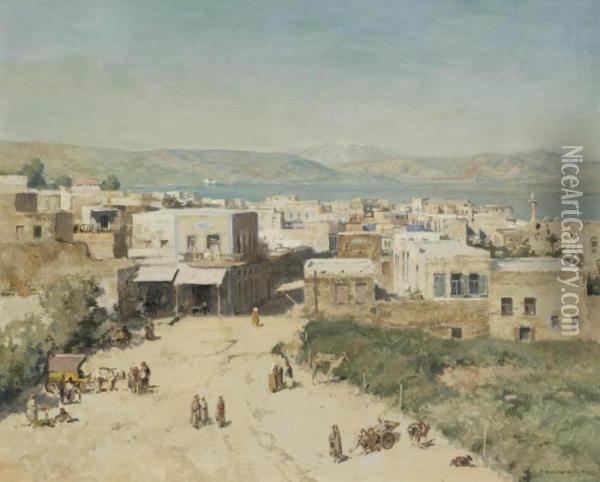 The Town Of Tiberias On The Western Shore Of The Sea Of Galilee, Israel Oil Painting - Cornelis Vreedenburgh