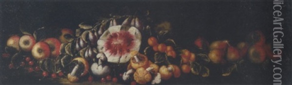 Cherries, Apples, Pears, Peaches, Mushrooms And A Watermelon On A Ledge Oil Painting - Michelangelo di Campidoglio