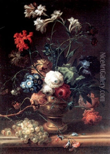 A Bouquet Of Flowers In A Decorated Vase And Grapes On A Table Top Oil Painting - Johann Baptist Drechsler