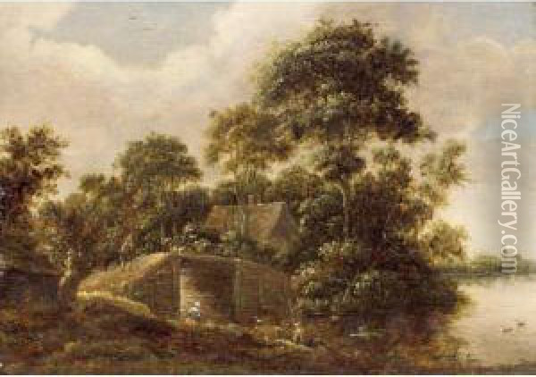 A River Landscape With A 
Fisherman Near A Bridge, A Cottage In The Woods Beyond And A Church In 
The Background Oil Painting - Salomon Rombouts