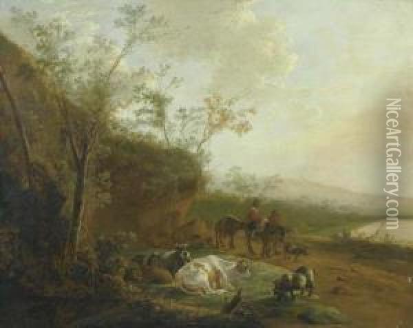 Landscape With Two Herdsmen, Cows And Goats. Oil Painting - Adam Pynacker