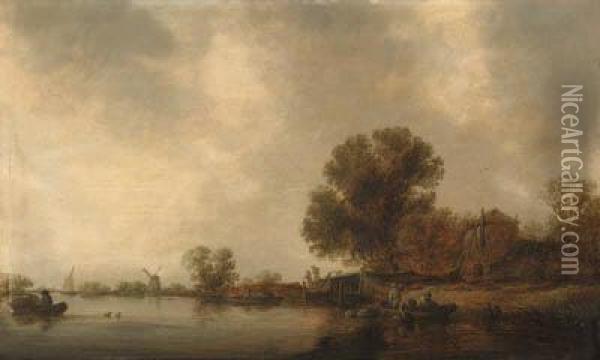 A Wooded River Landscape With Fishermen In A Boat Checking Creelsbefore A Bridge Oil Painting - Jan van Goyen