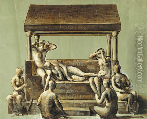 Study establishing the disposition of the central group of figures in 'Arthur in Avalon' Oil Painting - Sir Edward Coley Burne-Jones