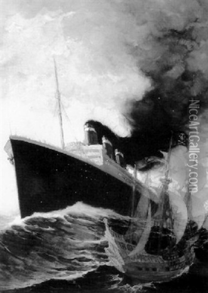 Ocean Liner And Pirate Ship Oil Painting - Walter de Maris