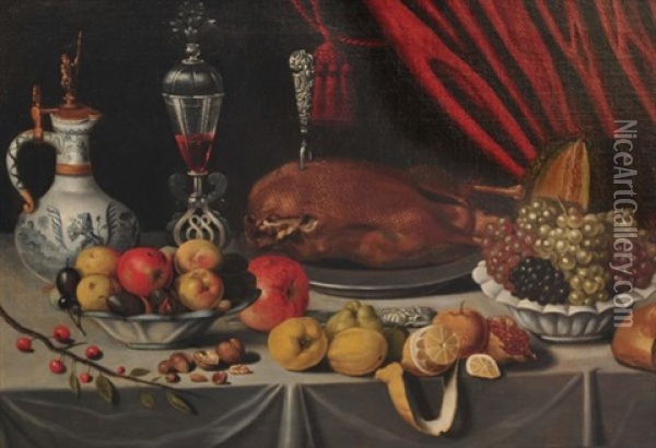 Nature Morte Aux Fruits, A La Volaille Et Aux Objets Divers Poses Sur Un Entablement Oil Painting - Jan Albertsz Rootius