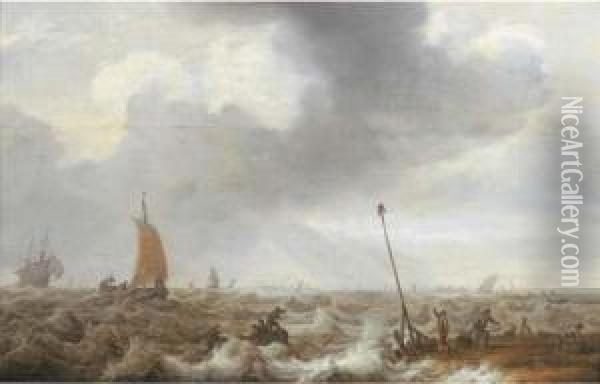 Shipping In Choppy Seas With Fishermen On The Shore In The Rightforeground, A Town Beyond Oil Painting - Cornelis Stooter
