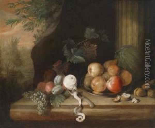 A Still Life Of Fruit Against A Landscapebackdrop Oil Painting - Barend or Bernardus van der Meer