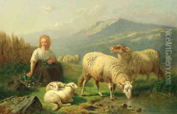 A young shepherdess and her flock in a mountainous landscape Oil Painting - Laurent De Beul