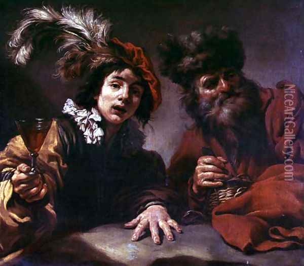 Two Men Drinking Oil Painting - Claude Vignon