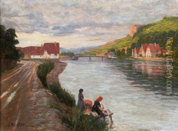 Idyllic River Landscape With Washerwomen Oil Painting - Wilhelm Reuter