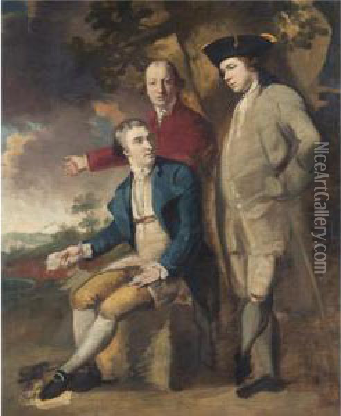Three Gentlemen In A Landscape Oil Painting - John Hamilton Mortimer