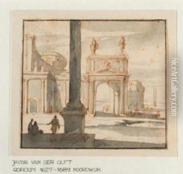 A Roman Temple With Figures By A Column In The Foreground Oil Painting - Jacob Van Der Ulft