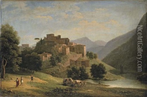 An Italianate Mountainous River Landscape With A Hill-top Town And An Ox-drawn Cart With Figures Oil Painting - Jean Victor Bertin