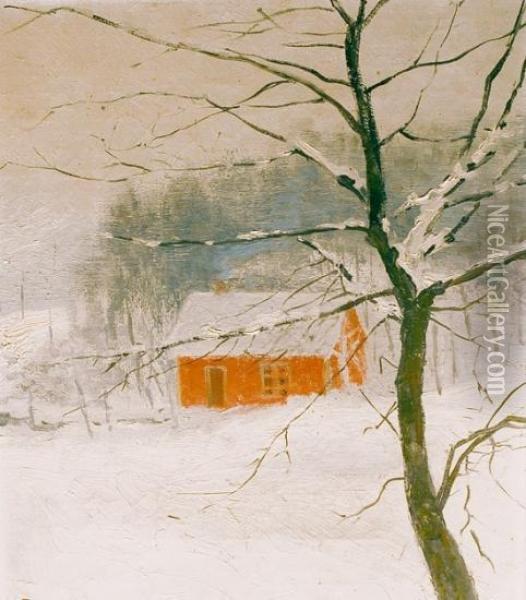 Hus I Vinterlandskap 1891 Oil Painting - Fredrik Kolsto