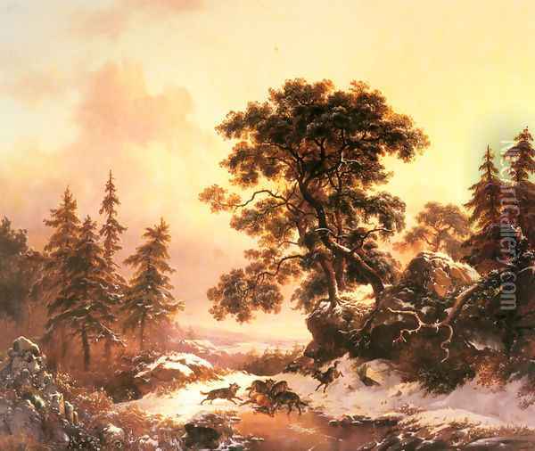 Wolves in a Winter Landscape Oil Painting - Frederik Marianus Kruseman
