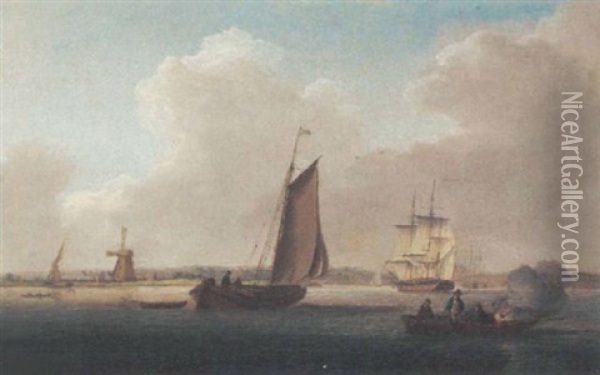 A Three-masted Merchantman Coming Up The Estuary Oil Painting - William Anderson