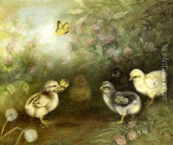Scene Of Five Chicks Chasing Butterflies Oil Painting - Ben Austrian