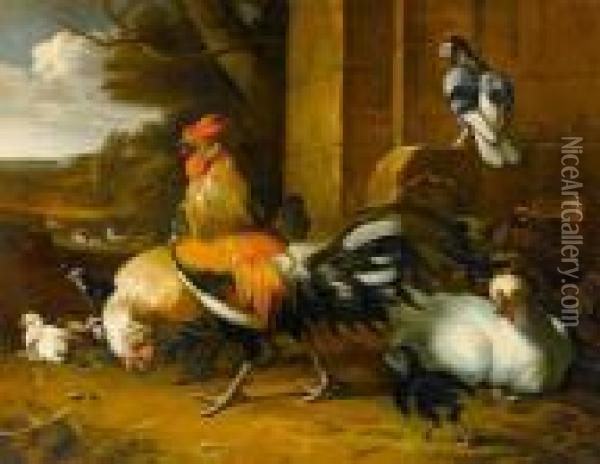 Fowl, 
With Cockerel, 
Hen, 
Chicks, 
A Duck And A Dove Before A Landscape Oil Painting - Melchior de Hondecoeter