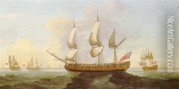 A British Man Of War And Other Shipping In Open Seas Oil Painting - Francis Holman