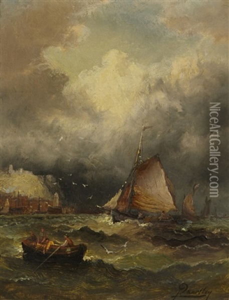 A Coastal Scene With Men Piloting Boats On A Turbulent Sea And A Town In The Distance Oil Painting - Arthur Quartley