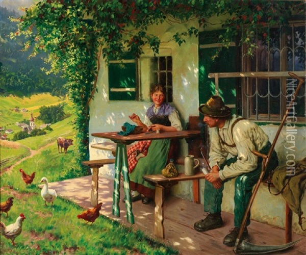 Young Farming Couple In Upper Bavaria Oil Painting - Emil Rau