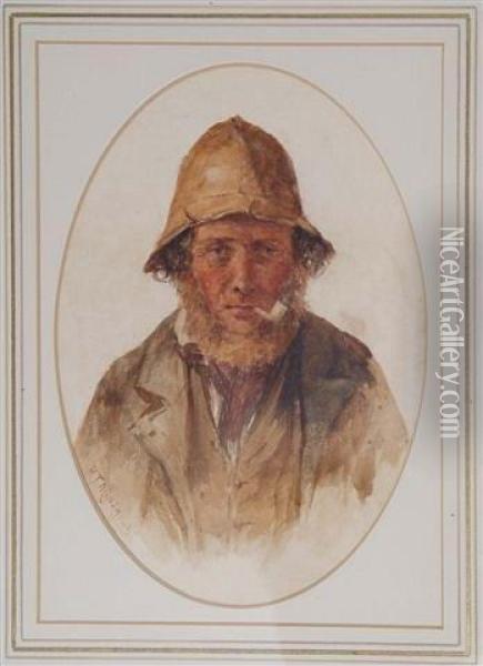 Portrait Of A Cornish Fisherman Smoking A Pipe Oil Painting - R.T. Minshull