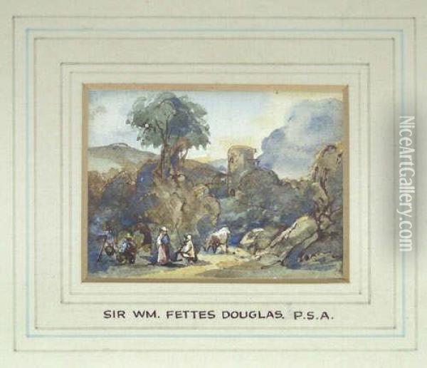 P.r.s.a. A Classical Landscape 
With Figures Inscribed With The Artist's Name On The Mount Below, And 
Extensively Inscribed On A Later Label Verso, Pen, Ink And Watercolour, A
 Study, 5cm By 7cm Oil Painting - William Fettes Douglas