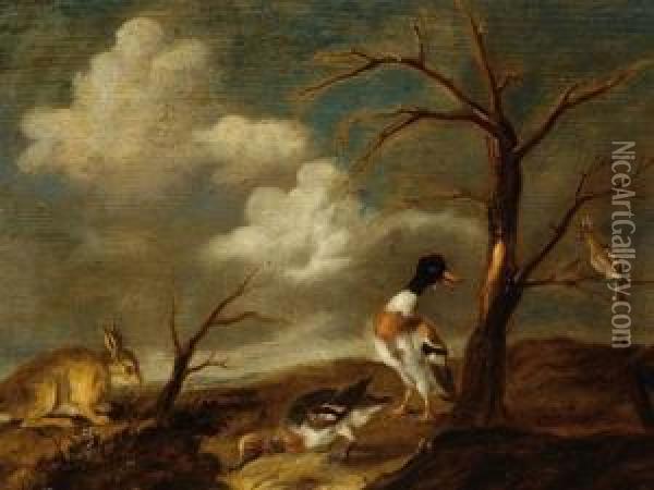 Two Ducks, A Rabbit And A Bird In A Landscape Oil Painting - Jacobus Vonck