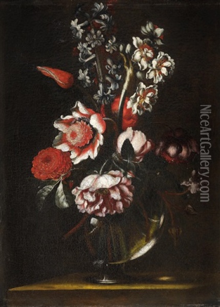 Blumen In Einer Glasernen Vase Oil Painting - Mario Nuzzi