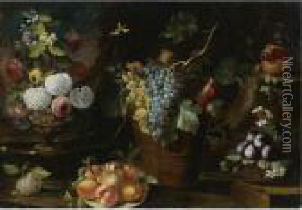 Still Life Of Flowers In A 
Sculpted Vase, Peaches On A Plate, Grapes And Pomegranates In A 
Terracotta Vessel, And Figs In A Basket, All In A Landscape Oil Painting - Giovanni Stanchi