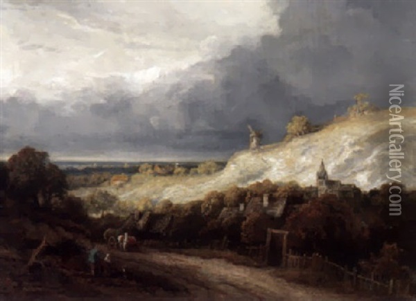 Landschaft Mit Kirchdorf Und Windmuhle Vor Gewitterhimmel Oil Painting - Georges Michel