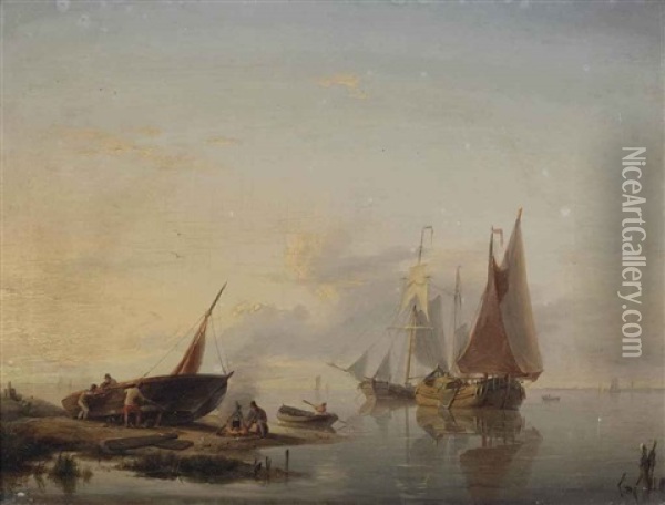 Activities On A Calm River In Summer Oil Painting - Hermanus Willem Koekkoek