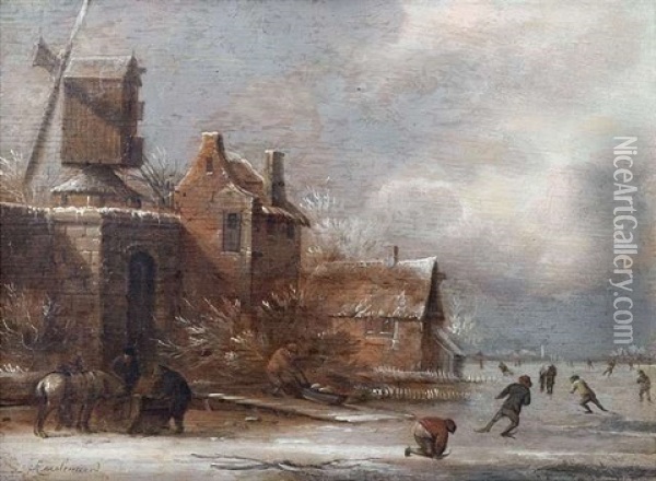 Eisvergnugen Auf Einem Zugefrorenen Kanal Bei Einem Gehoft Mit Bockwindmuhle Oil Painting - Nicolaes Molenaer