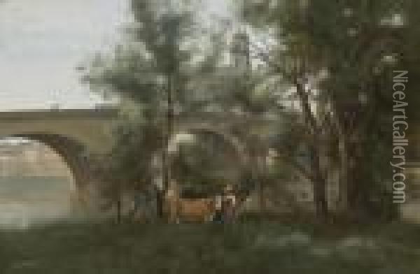 Mantes, Les Bords De La Seine Au Pied Du Pont Oil Painting - Jean-Baptiste-Camille Corot
