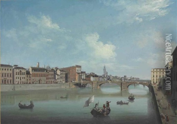 Florence: The Arno With The Ponte Santa Trinita And The Ponte Vecchio Oil Painting - Thomas Patch