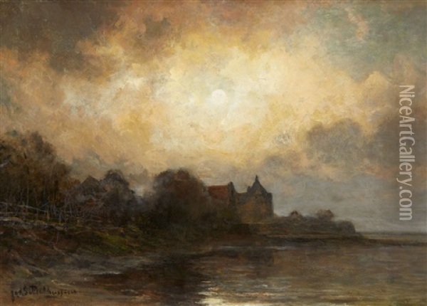 Coastal Landscape In The Moonlight Oil Painting - Julius Jacobus Van De Sande Bakhuyzen