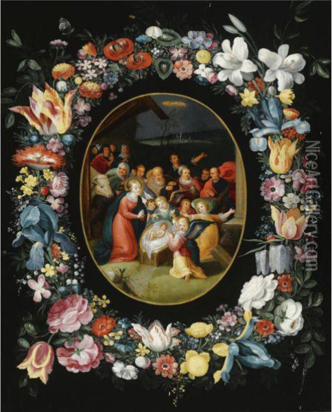 The Adoration Of The Shepherds 
Surrounded By A Garland Offlowers, Together With A Butterfly And A 
Dragonfly Oil Painting - Frans II Francken