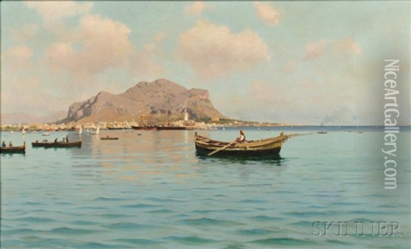 Fisherman Off The Coast Of Palermo Oil Painting - Francesco (Luigi) Lojacono