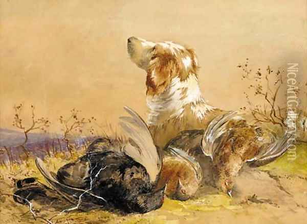 A gun dog with the day's bag Oil Painting - James Hardy Jnr