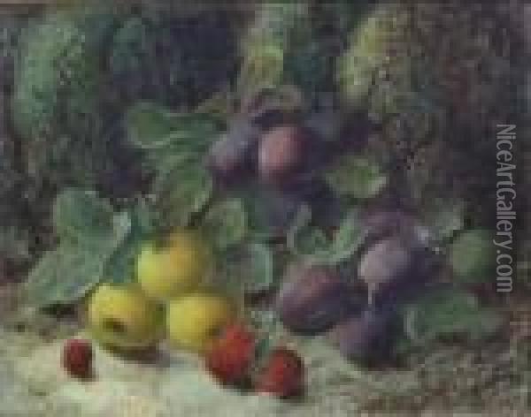 Still Life With Apples, Plums And Strawberries Oil Painting - Oliver Clare