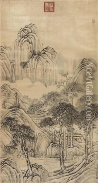 Travellers Among Winter Mountain Oil Painting -  Tang Dai