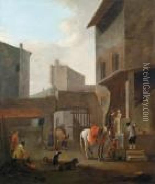 Cavaliere In Sosta Presso Una Fontana In Un Cortile Oil Painting - Nicolaes Berchem