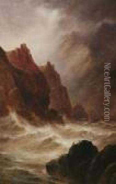 A Stormy Coastal Scene With Birds To The Fore On Rocks, Cliffs Beyond, Signed Oil Painting - S.L. Kilpack