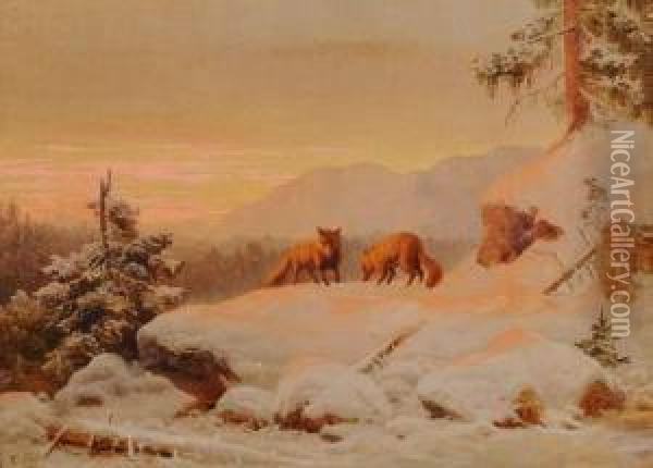 Renards Sous La Neige En Norvege, 1880 Oil Painting - Georg-Eduard Otto Saal
