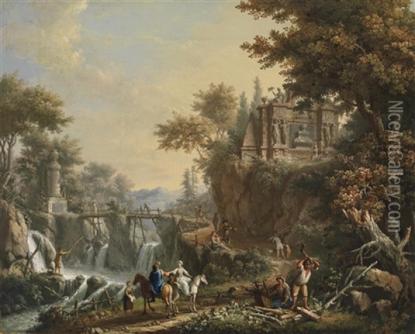 Eine Landschaft Mit Antiken Ruinen Und Einem Wasserfall Oil Painting - Giovanni Battista Innocenzo Colombo