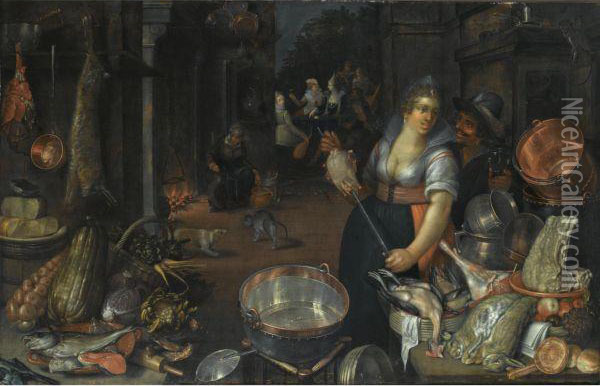 A Kitchen Still Life With A Maid And Her Admirer Next To A Table With Dead Hares, Fowl, Bread Rolls, A Basket With Fruit, And Copper Pots And Pans, On Another Table An Earthenware Plate With Fish, Cabbages And Artichokes, The Return Of The Prodigal Son In Oil Painting - Cornelis Jacobsz Delff